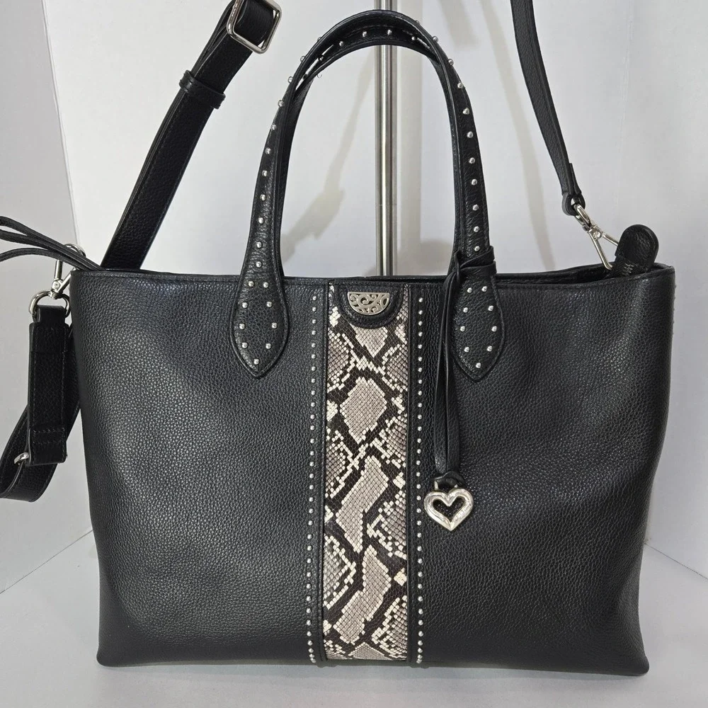 Brighton Tote Bag Black Snakeskin Studded Leather Heart Charm Crossbody